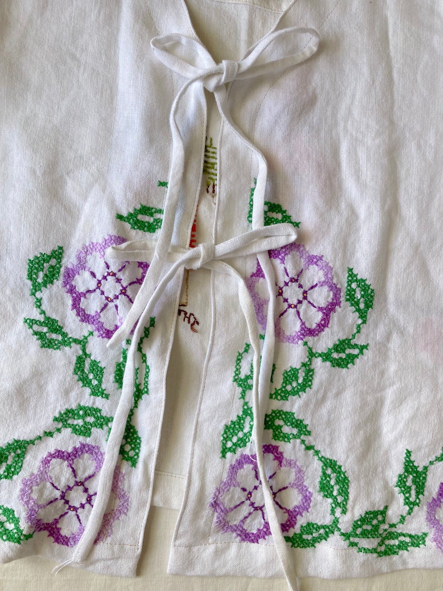 ヴィンテージ リネン 刺繍 リボン 羽織り 半袖シャツ
