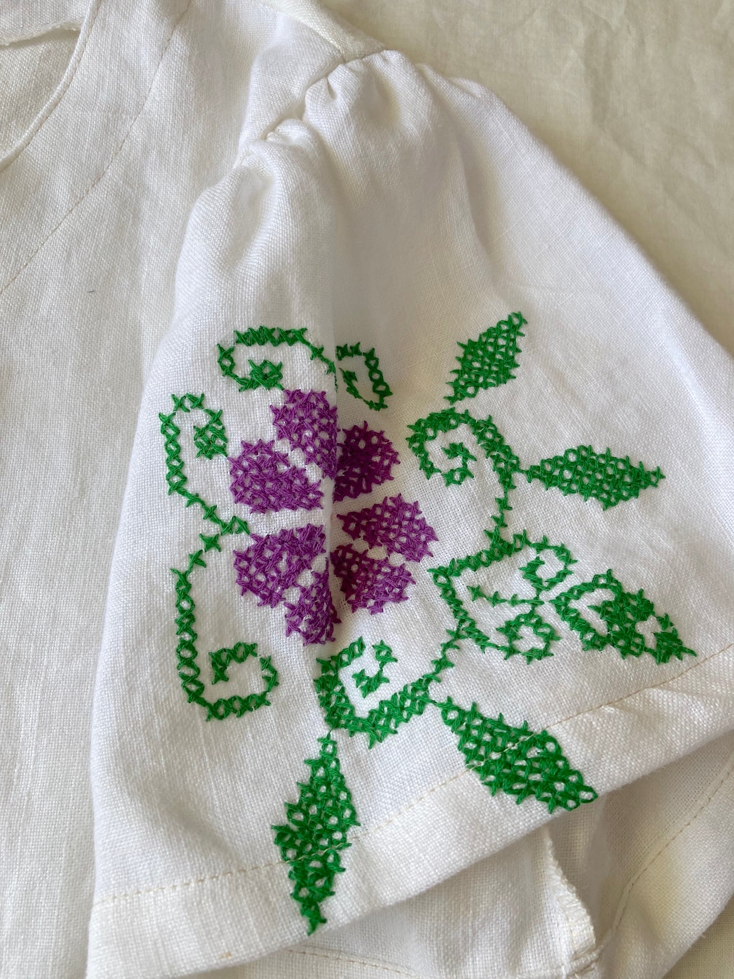 ヴィンテージ リネン 刺繍 リボン 羽織り 半袖シャツ