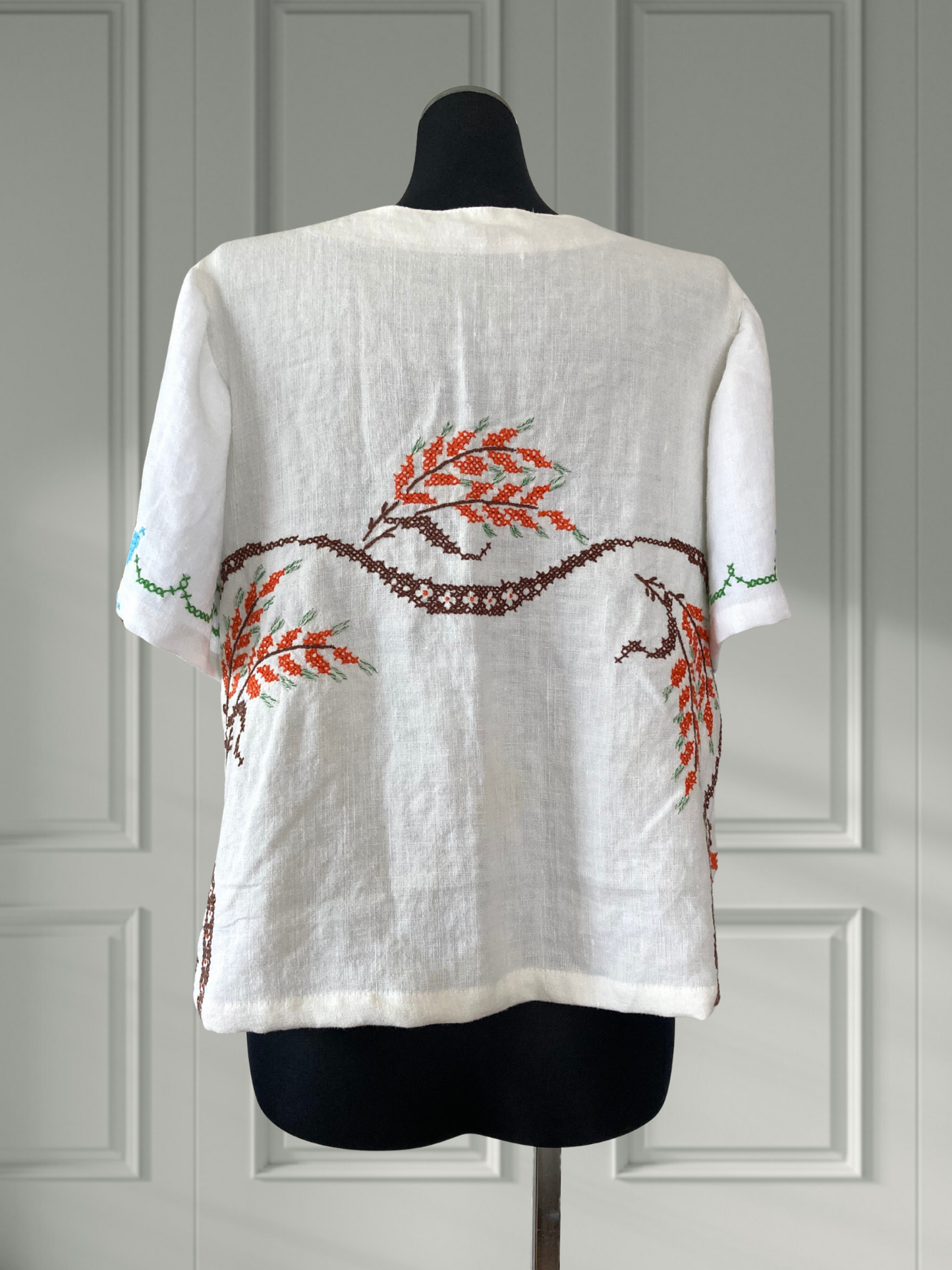 ヴィンテージ リネン 刺繍 リボン 羽織り 半袖シャツ