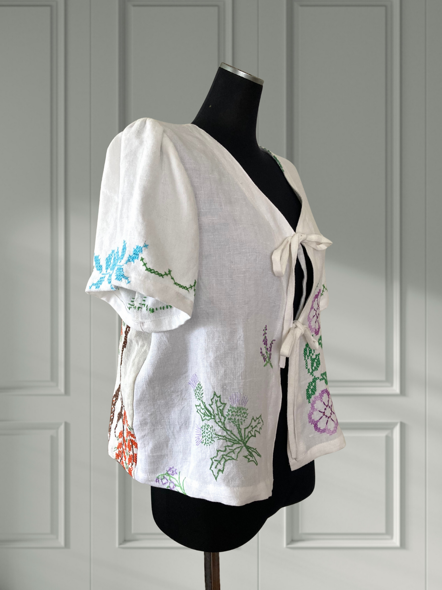 ヴィンテージ リネン 刺繍 リボン 羽織り 半袖シャツ