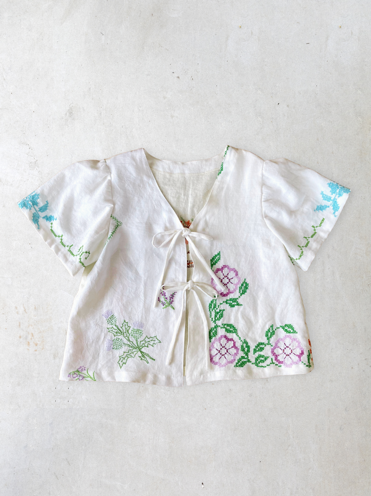 ヴィンテージ リネン 刺繍 リボン 羽織り 半袖シャツ