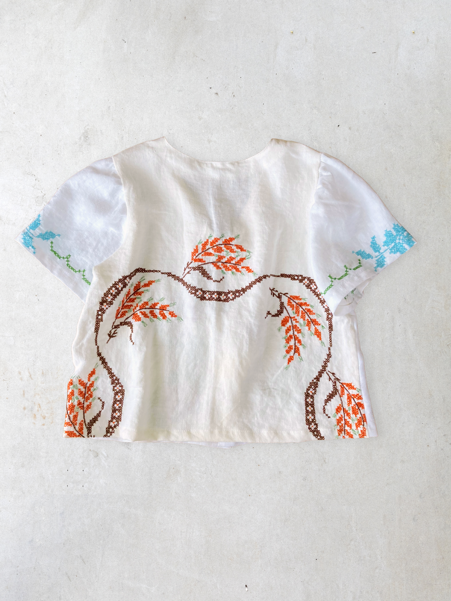 ヴィンテージ リネン 刺繍 リボン 羽織り 半袖シャツ