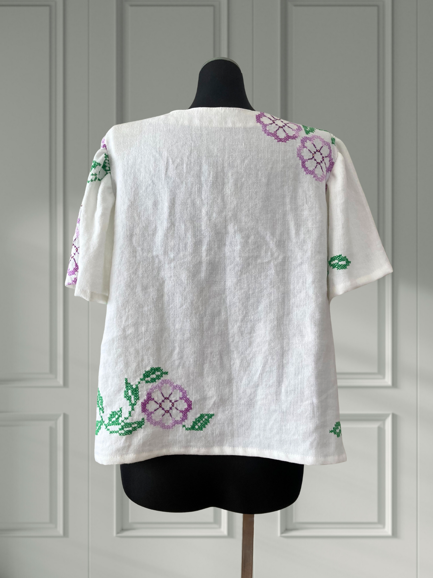 ヴィンテージ リネン 刺繍 生地 リメイク リボン 羽織り 半袖シャツ