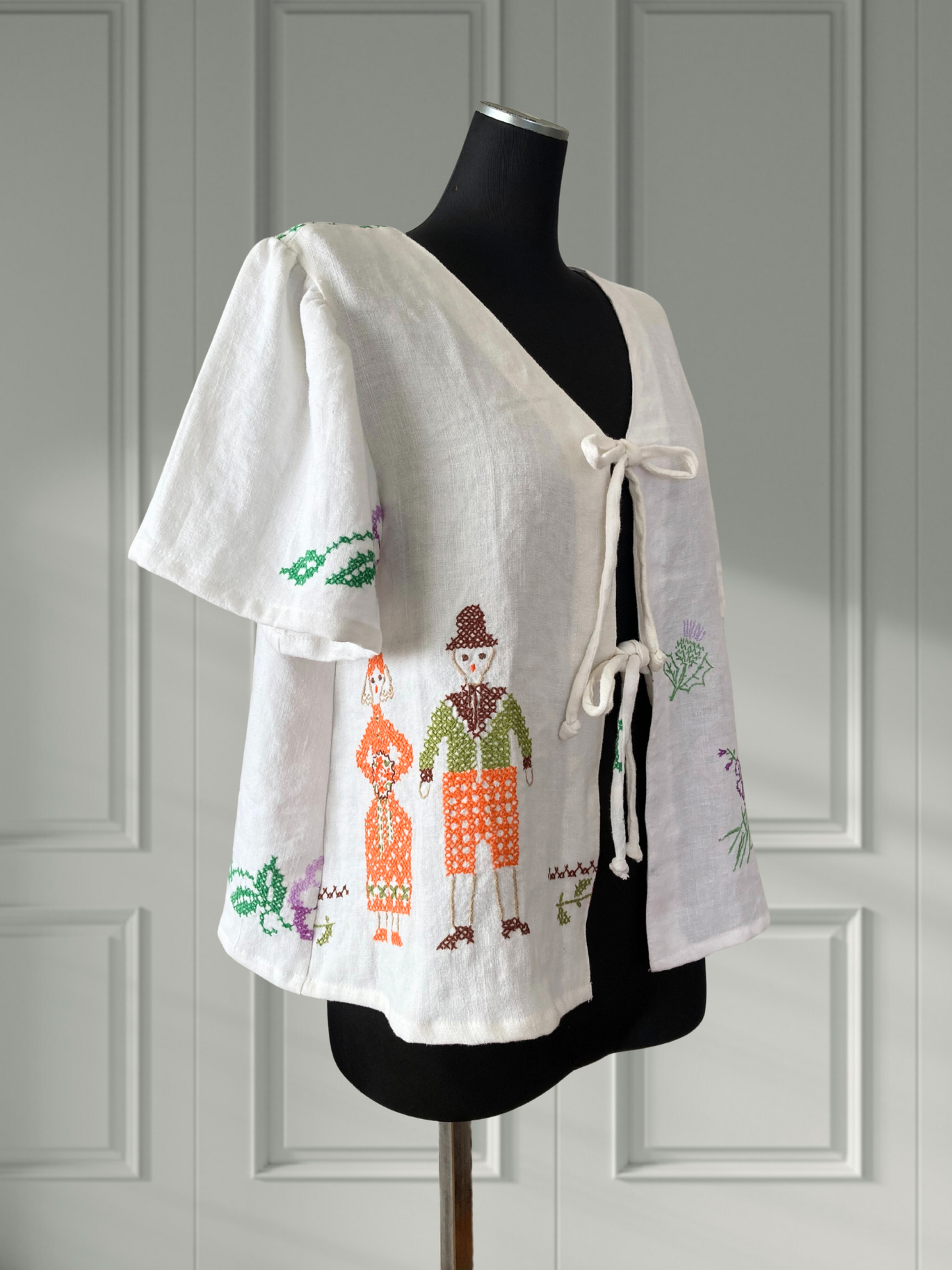 ヴィンテージ リネン 刺繍 生地 リメイク リボン 羽織り 半袖シャツ