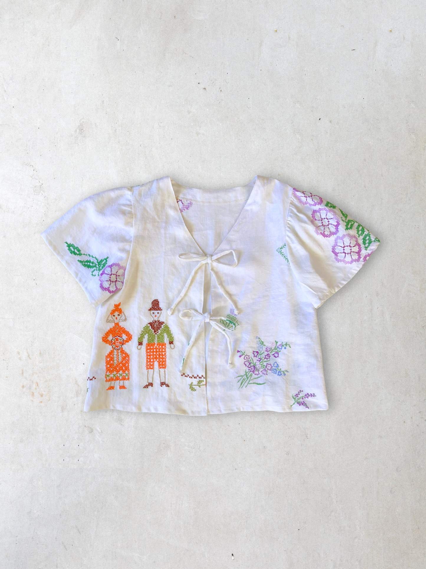 ヴィンテージ リネン 刺繍 生地 リメイク リボン 羽織り 半袖シャツ