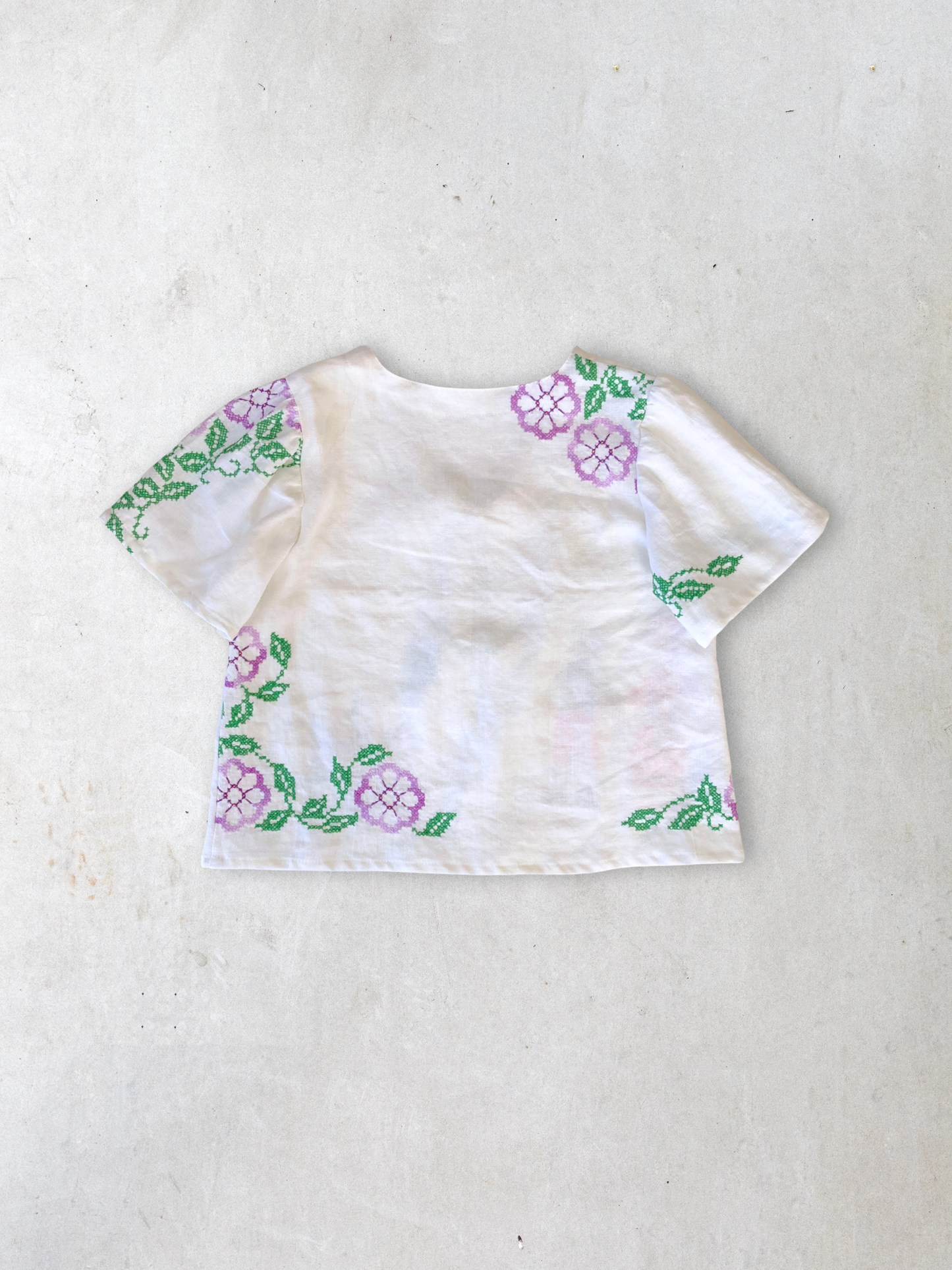 ヴィンテージ リネン 刺繍 生地 リメイク リボン 羽織り 半袖シャツ