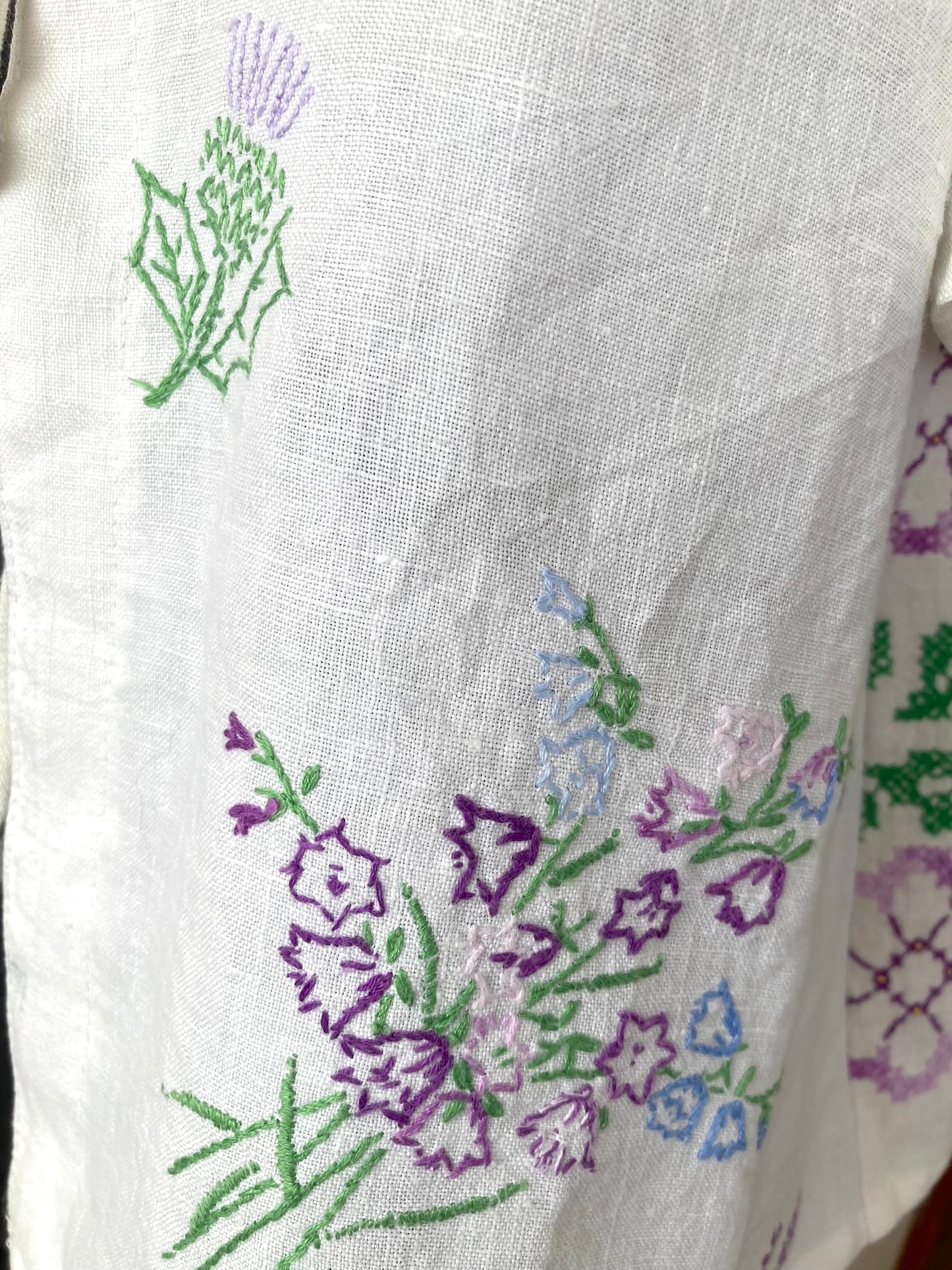 ヴィンテージ リネン 刺繍 生地 リメイク リボン 羽織り 半袖シャツ
