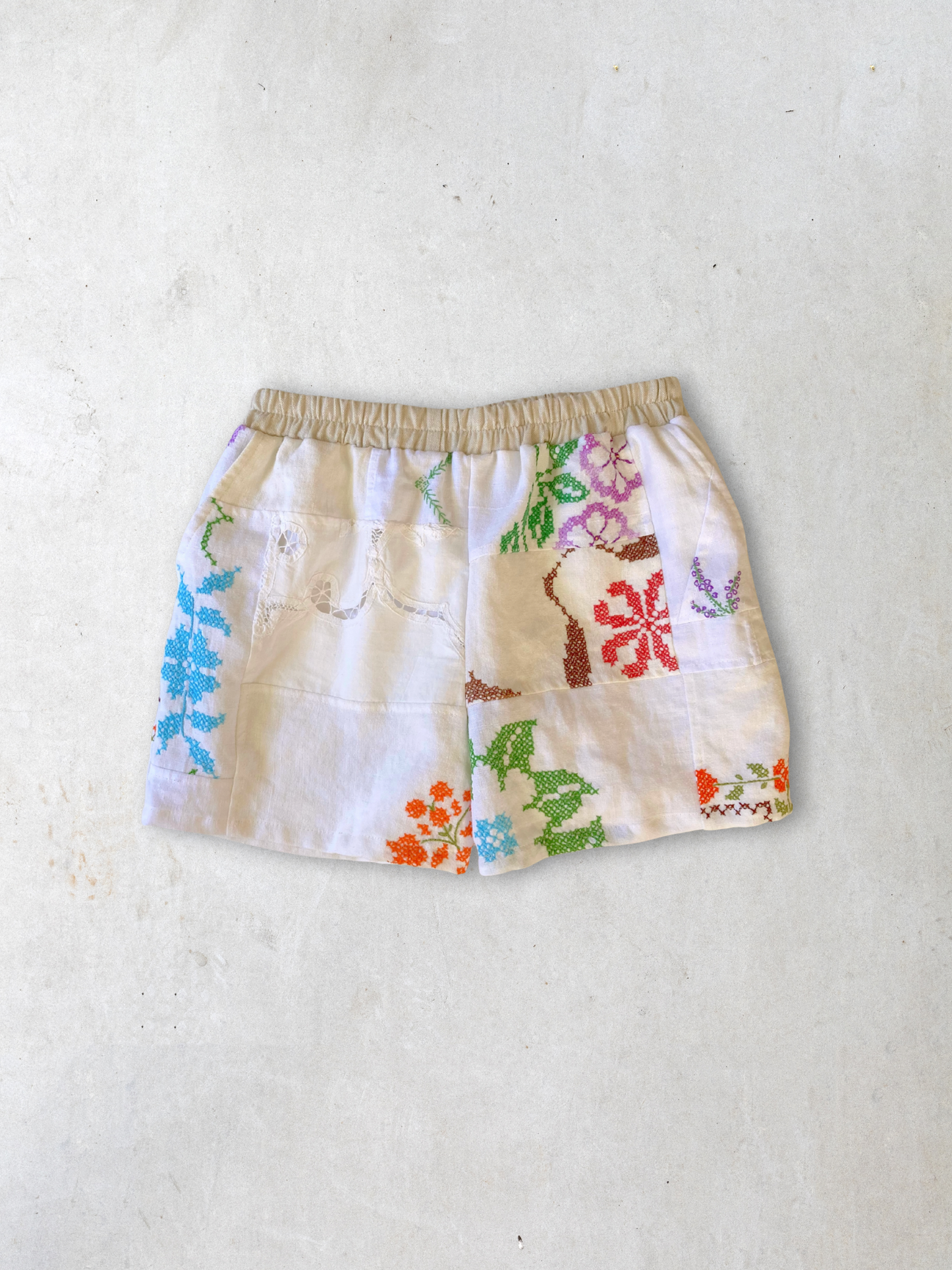 ヴィンテージ 刺繍 リネン 生地 パッチワーク ショートパンツ