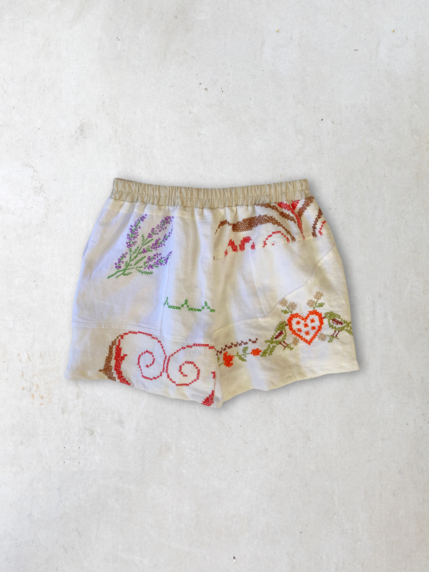 ヴィンテージ 刺繍 リネン 生地 パッチワーク ショートパンツ