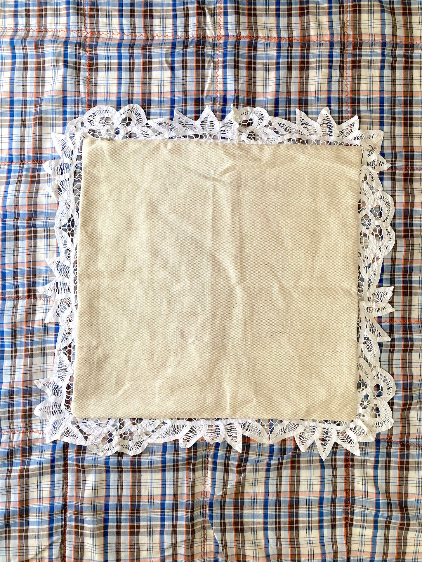 ヴィンテージ リネン刺繍 パッチワーク レース クッションカバー