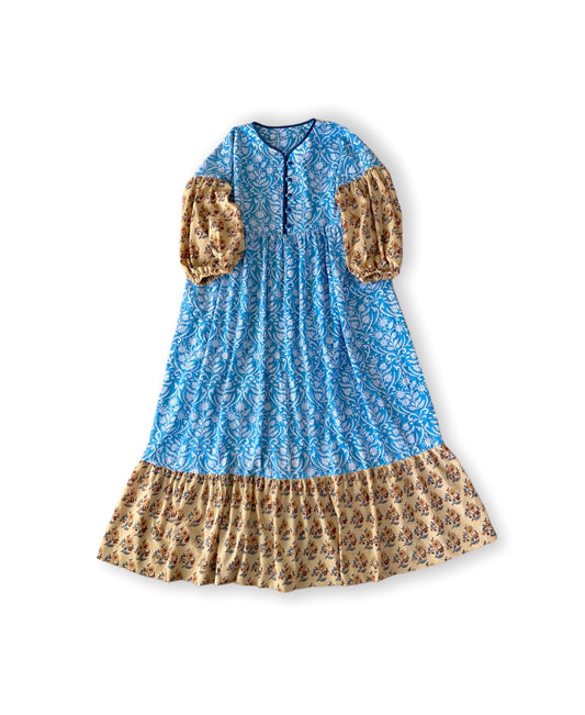 カラーブロック ギャザー ロング ワンピース Light Blue x Beige 【送料無料】