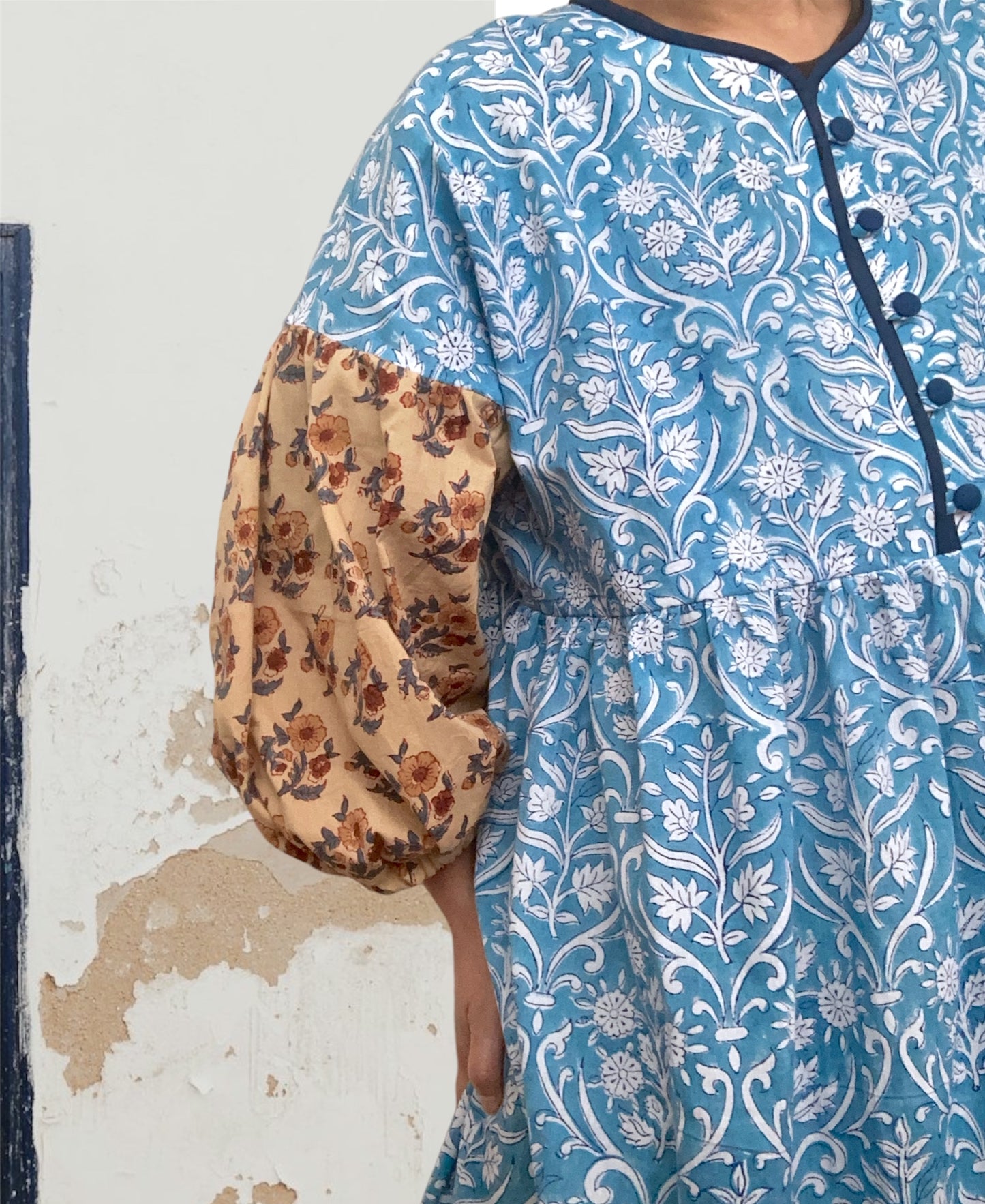 カラーブロック ギャザー ロング ワンピース Light Blue x Beige 【送料無料】