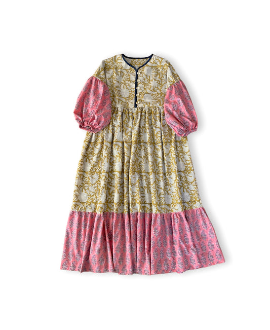 カラーブロック ギャザー ロング ワンピース Mustard x Pink 【送料無料】