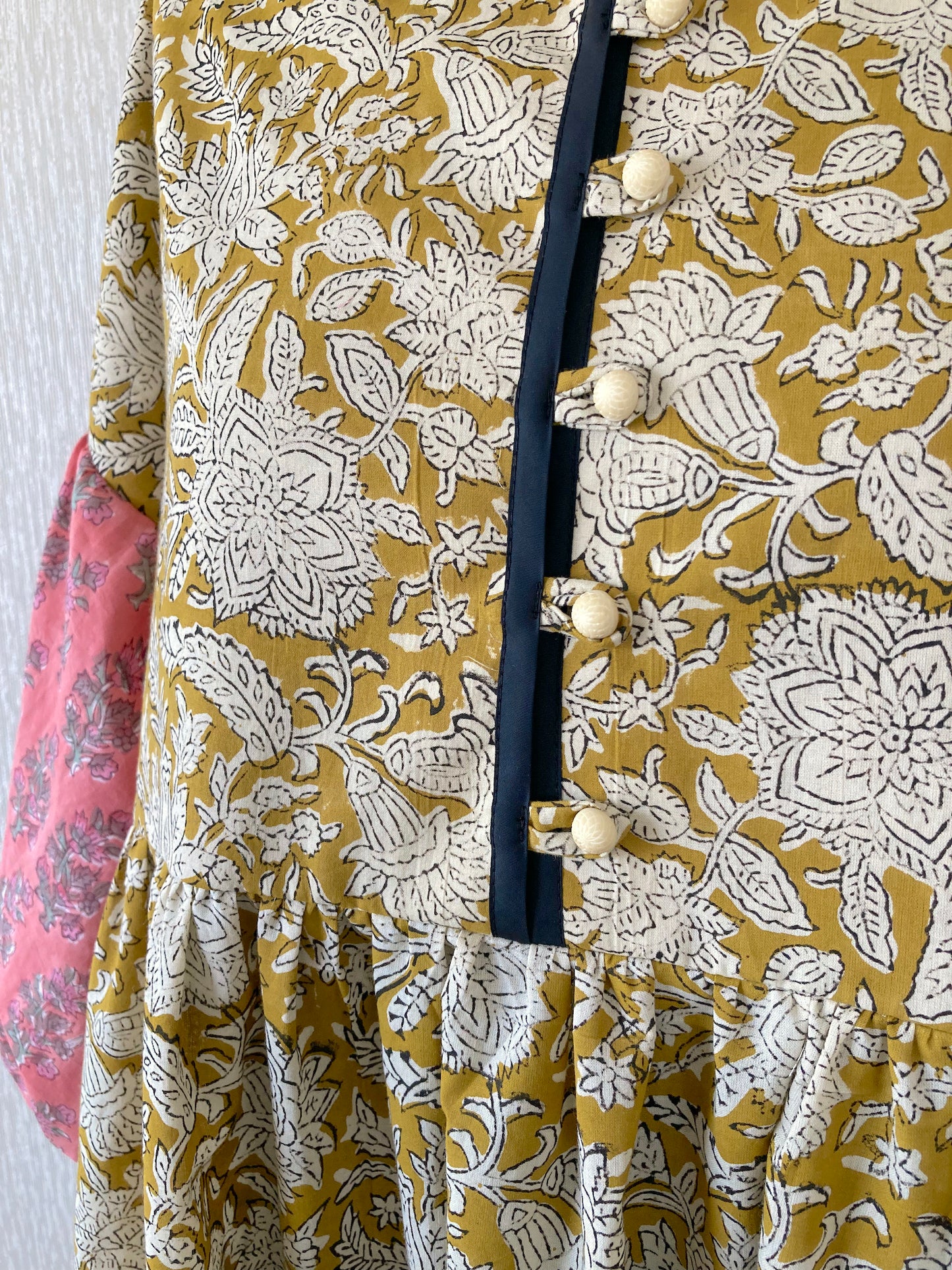 カラーブロック ギャザー ロング ワンピース Mustard x Pink 【送料無料】