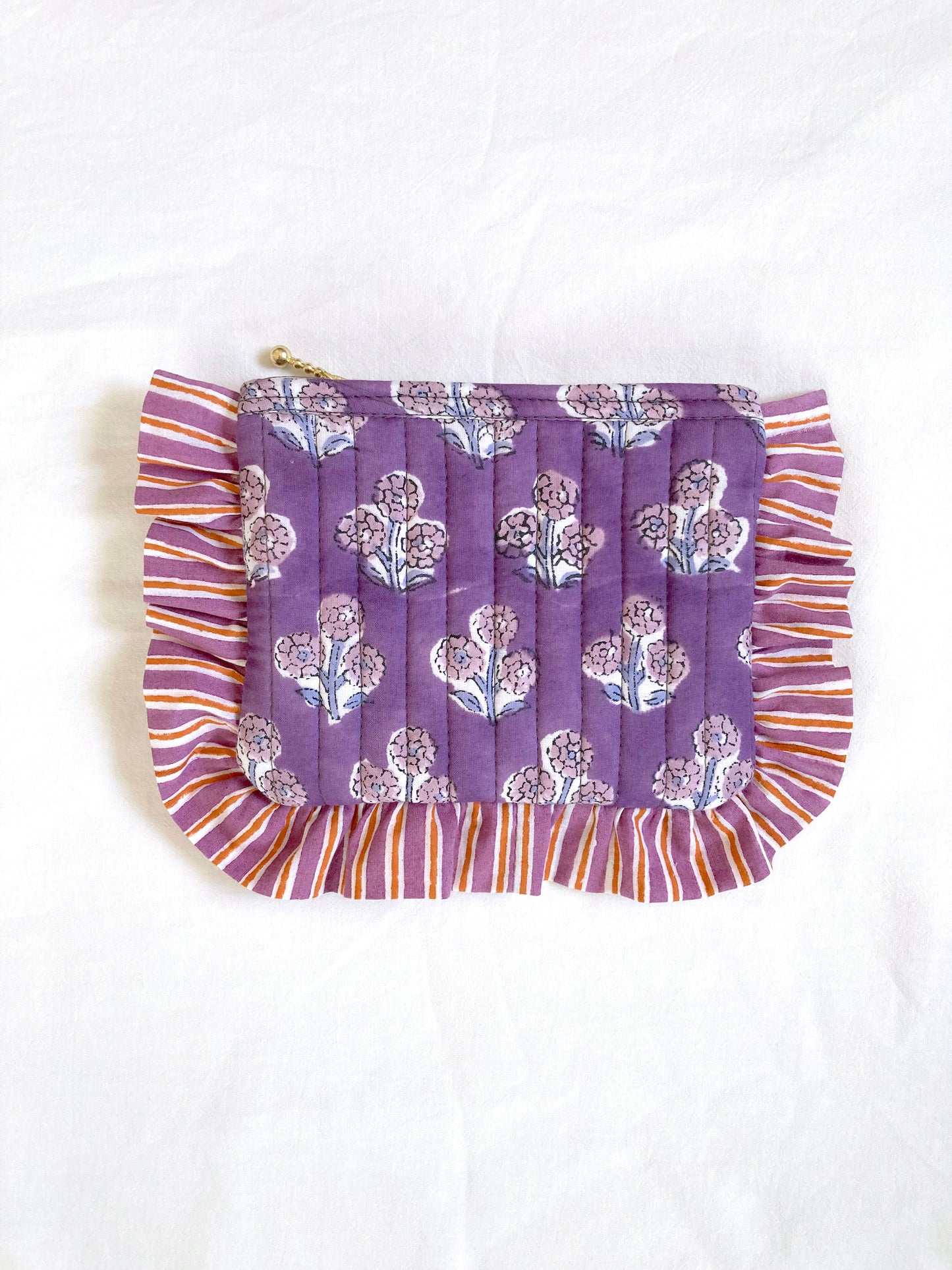 Hand Block Printed Fabric Floral Frill Zipper Cosmetic Bag / Frilled Pouch / Quilted Case