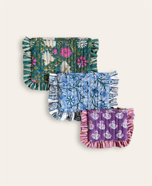 Hand Block Printed Fabric Floral Frill Zipper Cosmetic Bag / Frilled Pouch / Quilted Case