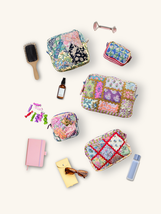 Hand Block Print Fabric Quilted Patchwork Makeup pouch / Travel Bag / Toiletry Bag