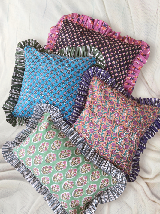 Block Print Fabric Reversible Ruffle Pillow Case