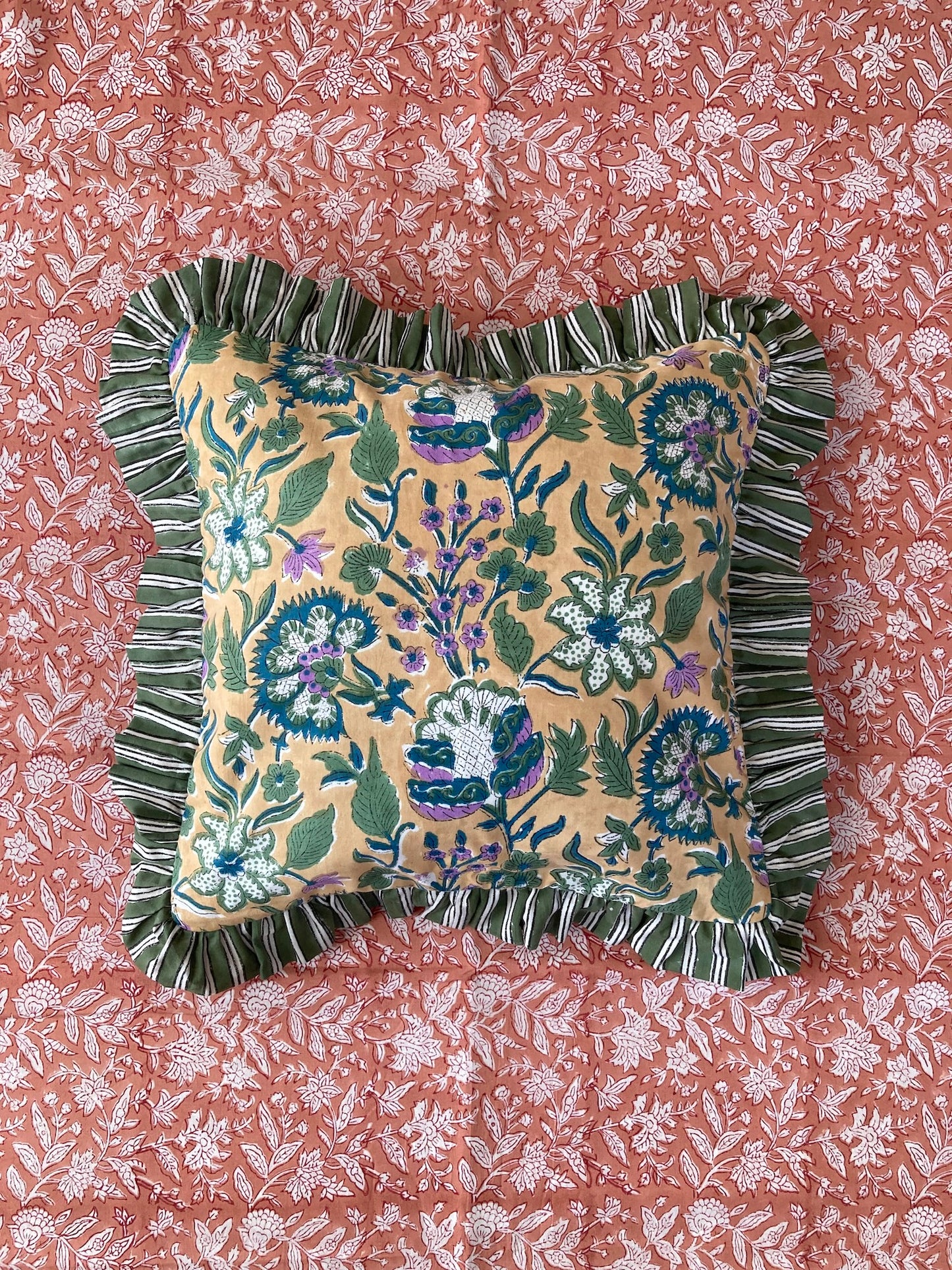 Block Print Fabric Reversible Ruffle Pillow Case