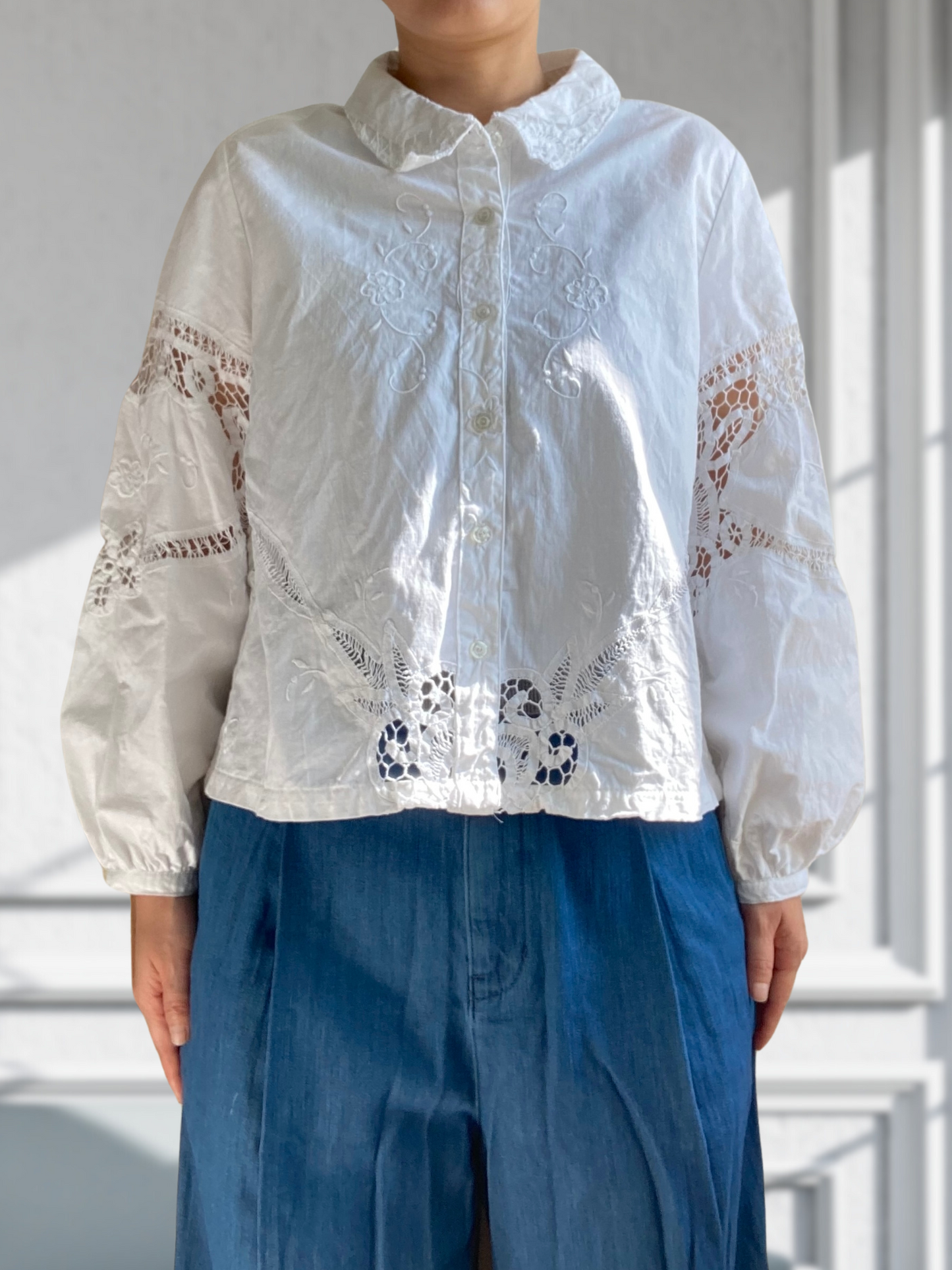 Upcycled Vintage Cotton Battenberg Lace Textile Button-Up Shirt
