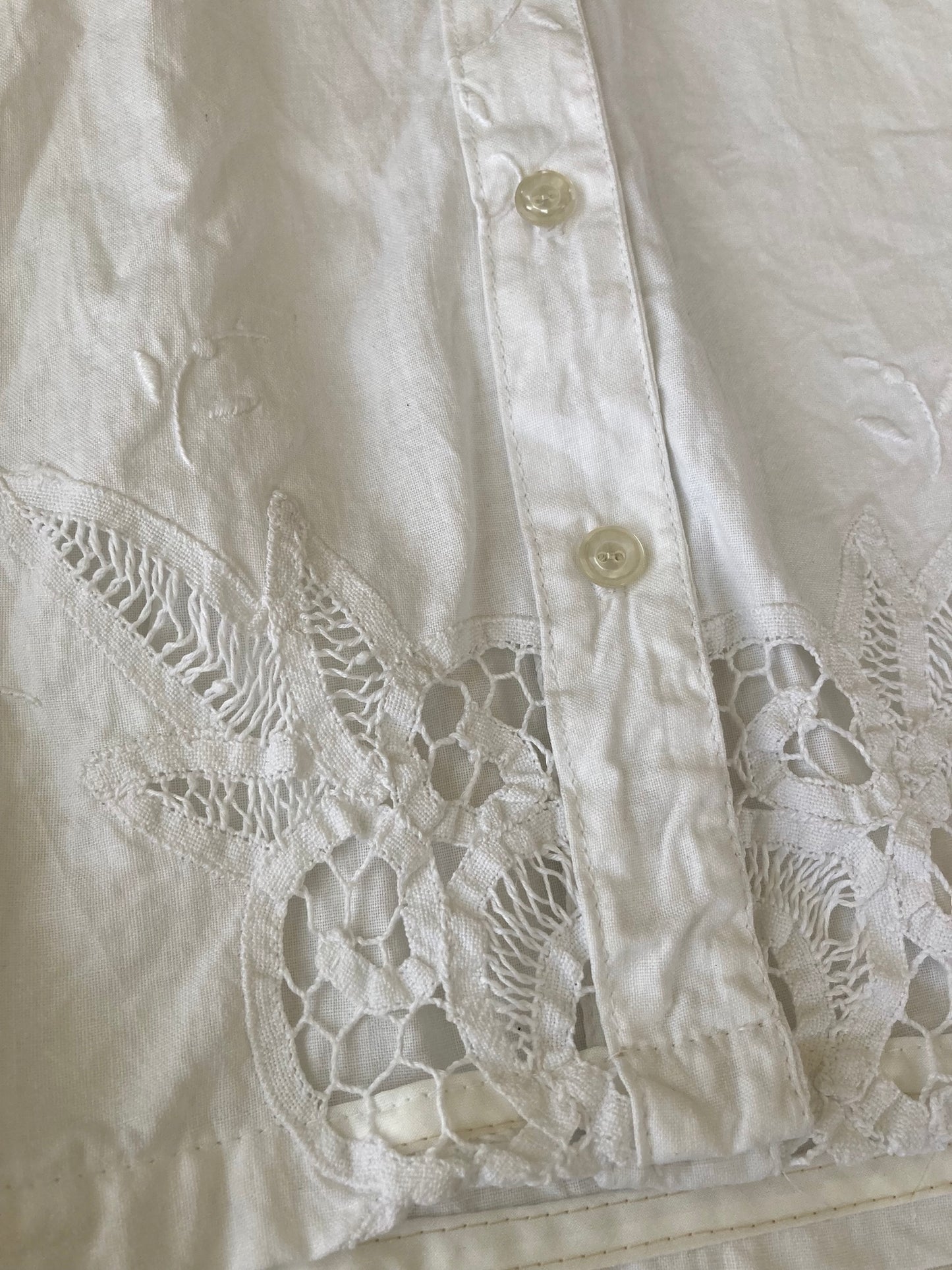 Upcycled Vintage Cotton Battenberg Lace Textile Button-Up Shirt