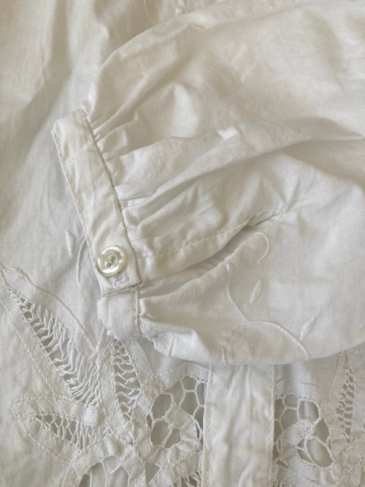 Upcycled Vintage Cotton Battenberg Lace Textile Button-Up Shirt