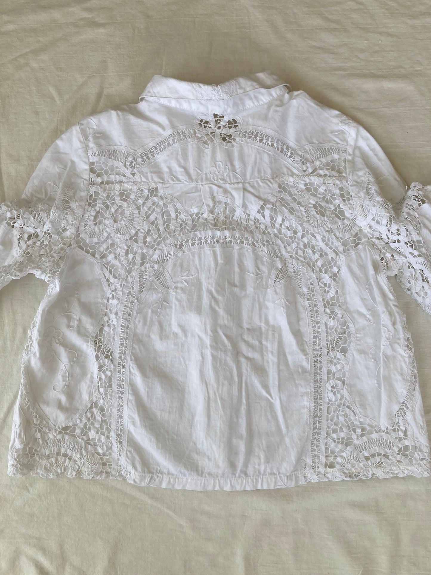 Upcycled Vintage Cotton Battenberg Lace Textile Button-Up Shirt