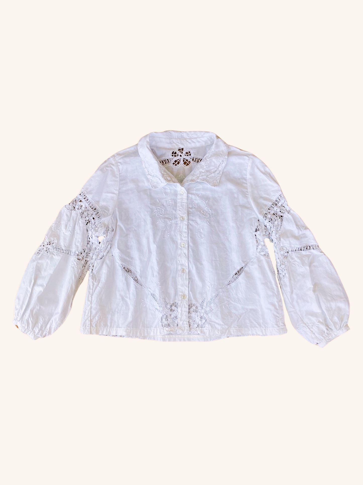 Upcycled Vintage Cotton Battenberg Lace Textile Button-Up Shirt