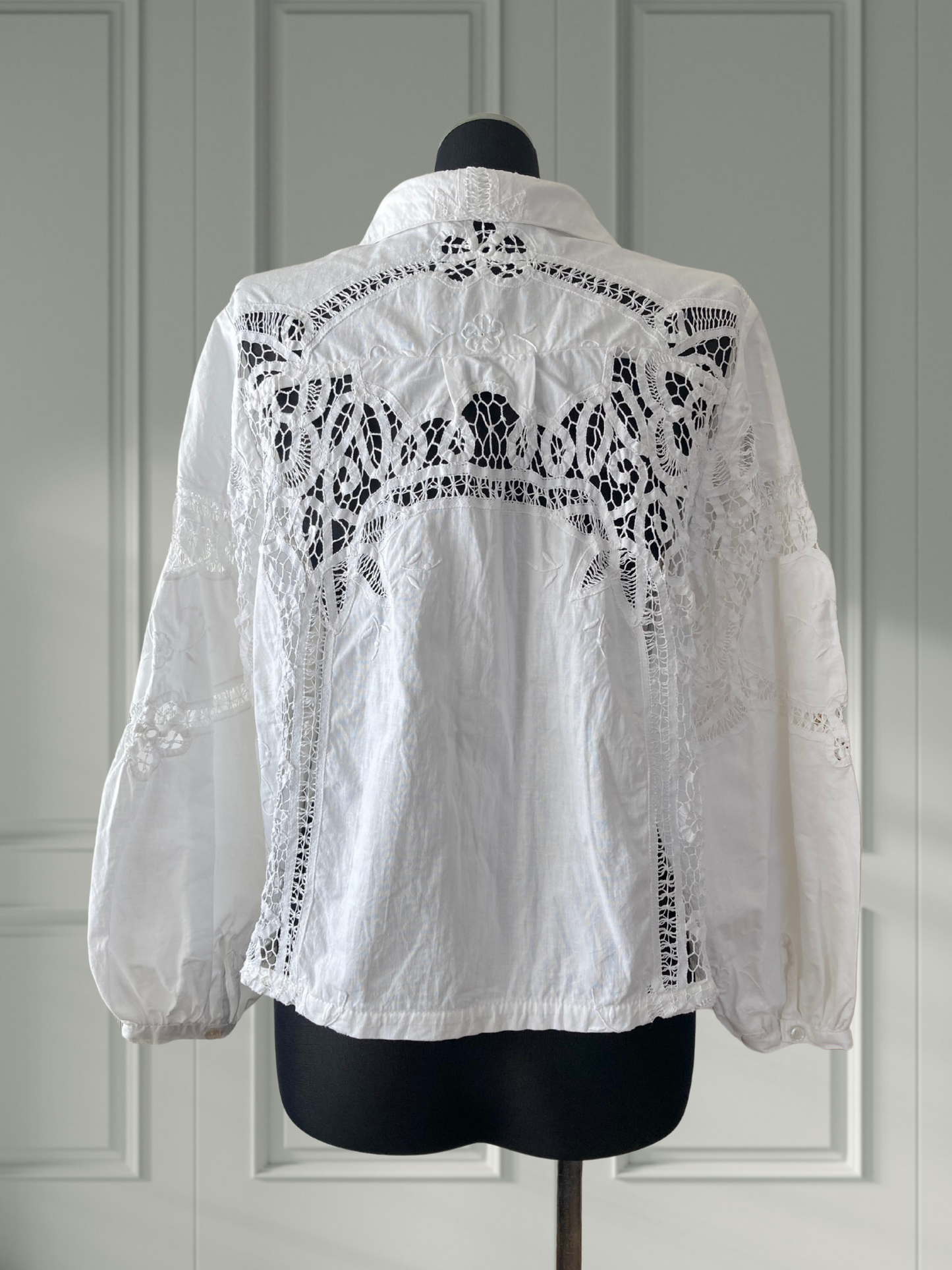 Upcycled Vintage Cotton Battenberg Lace Textile Button-Up Shirt