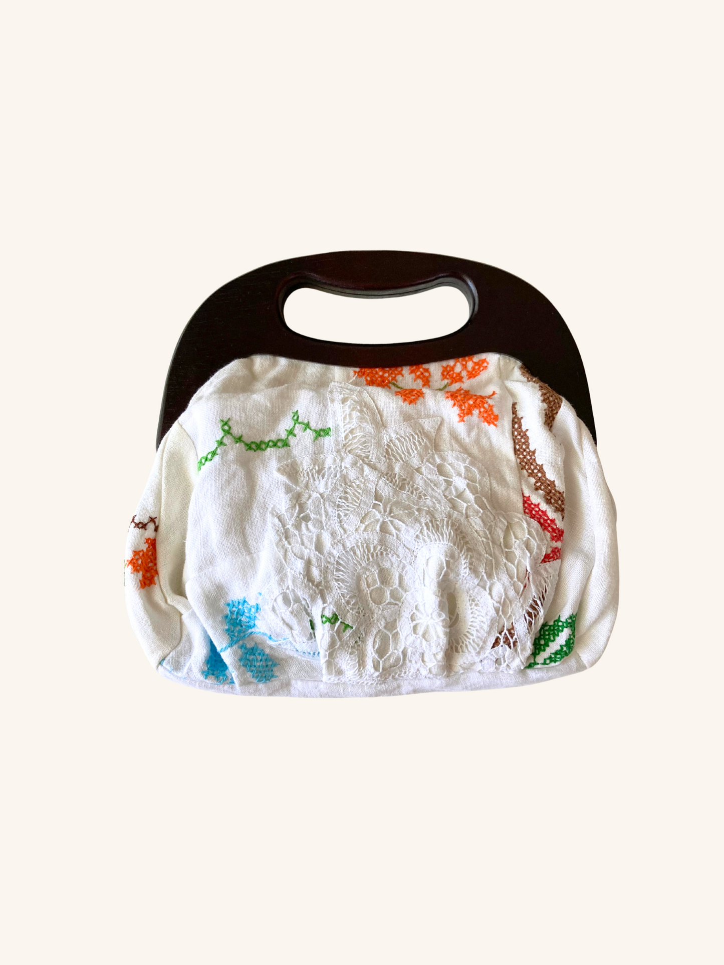 ヴィンテージ刺繍 リネン コットン パッチワーク 木製ハンドル がま口 バッグ