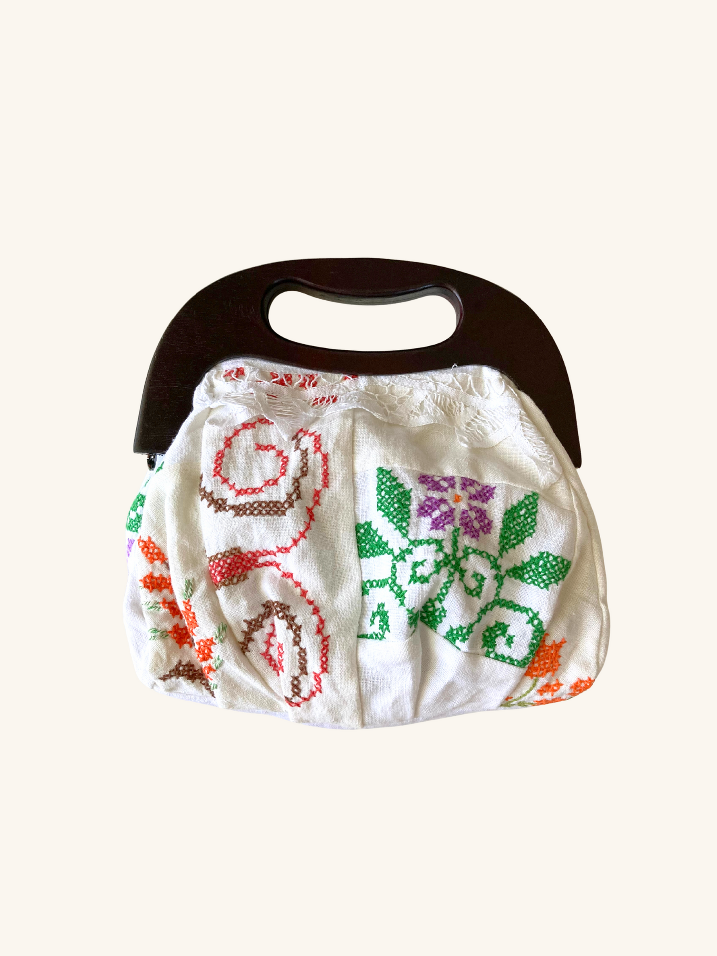 ヴィンテージ刺繍 リネン コットン パッチワーク 木製ハンドル がま口 バッグ