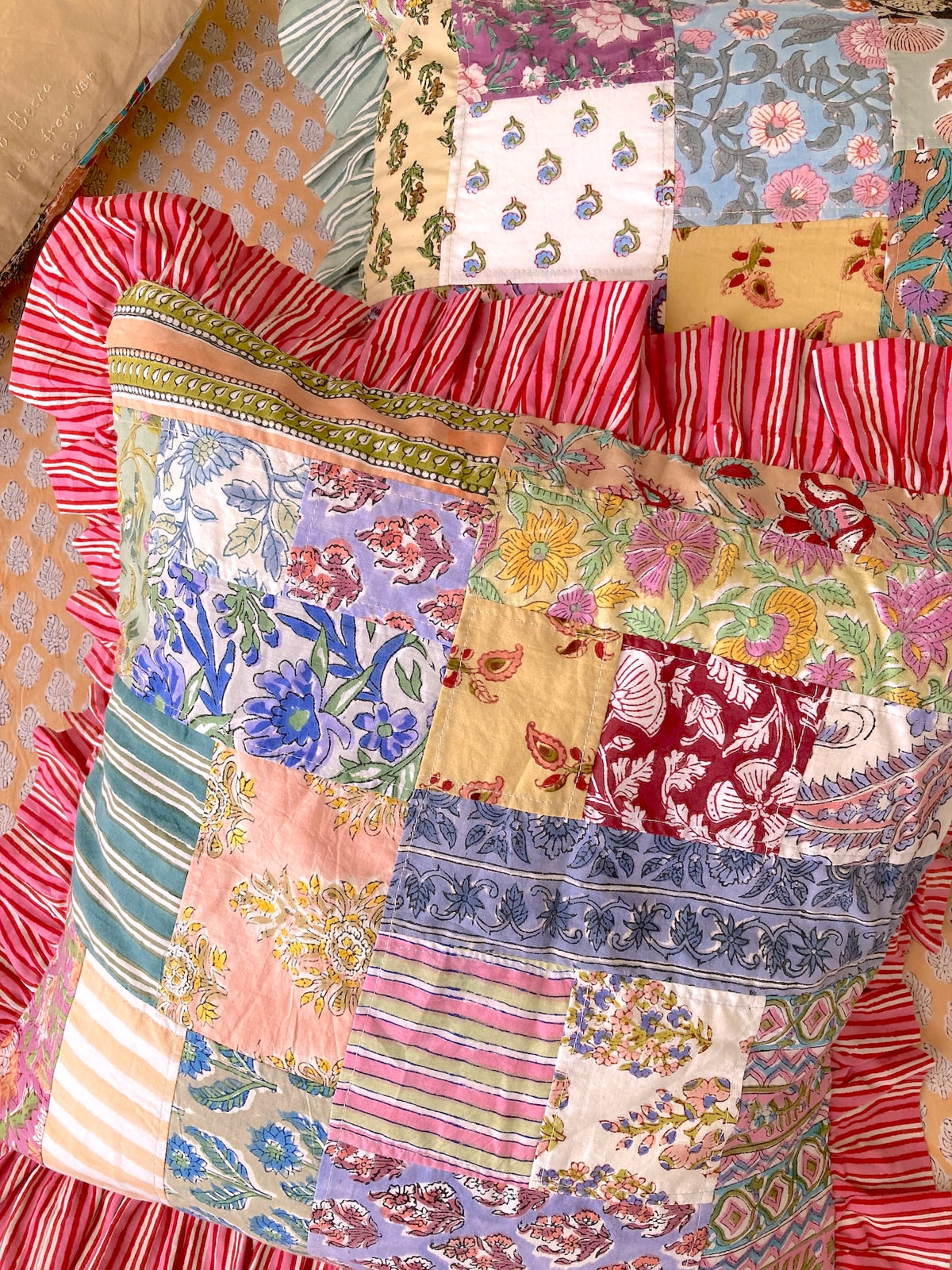 Colorful Patchwork Hand Block Print Cushion / Pillow Cover with Stripe Frills