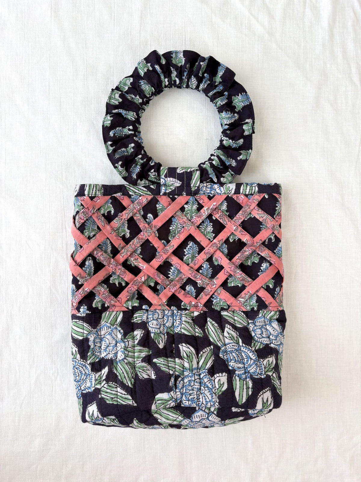 Block Print Quilted Bucket Bag with Ruched Handles & Lattice Detail