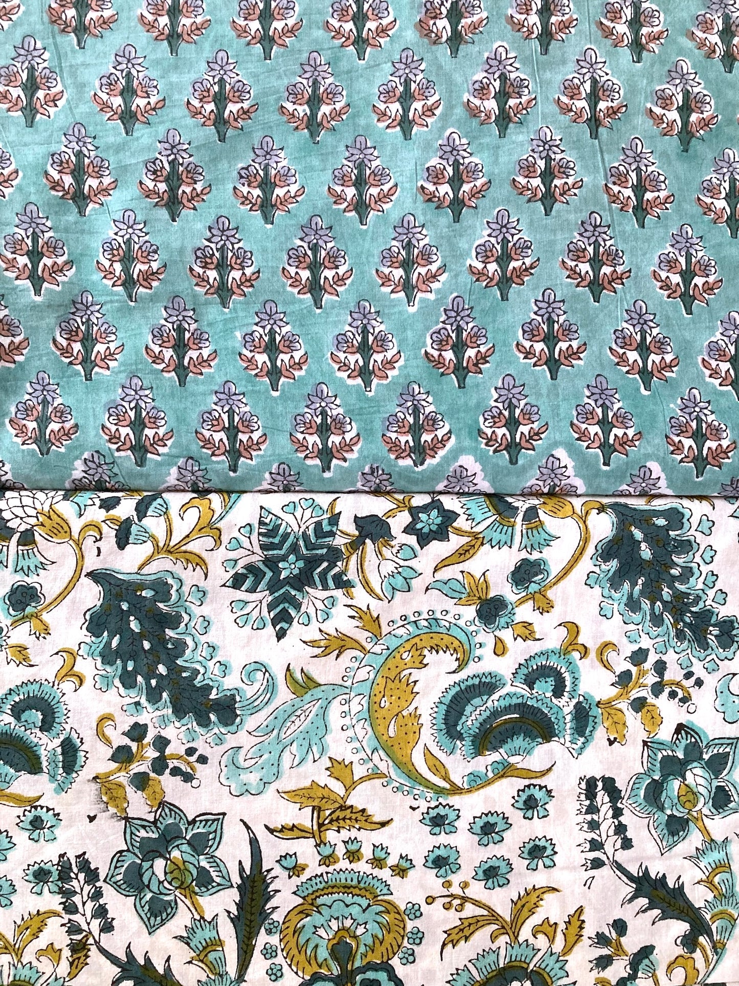 Hand Block Print Turquoise Floral Cotton Fabric #264-11