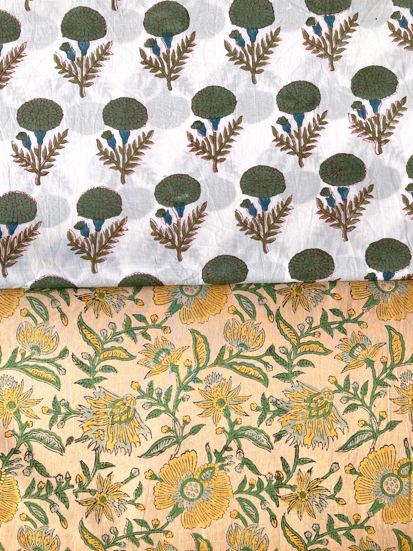 Hand Block Print White x Green Cotton Fabric #289-14