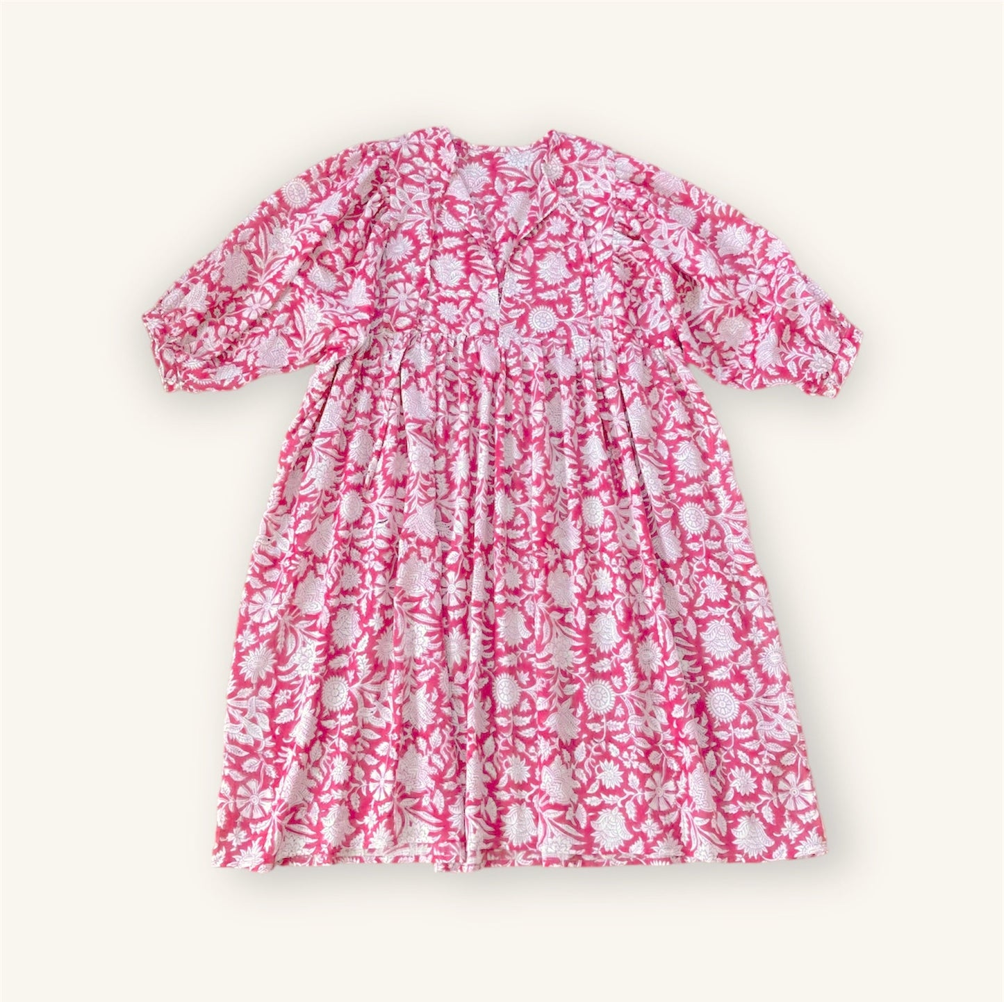 ハンドブロックプリント ボーホーギャザーワンピース JESS-Dress