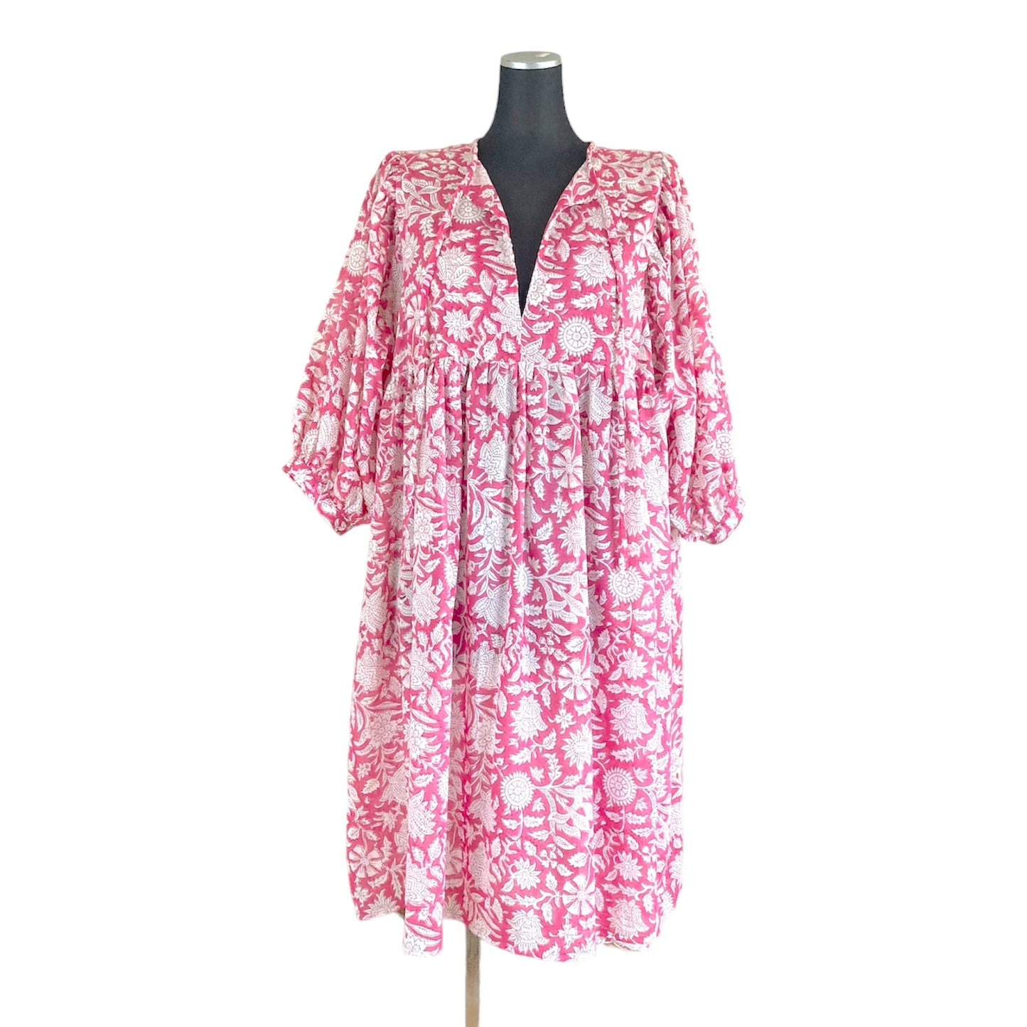 ハンドブロックプリント ボーホーギャザーワンピース JESS-Dress