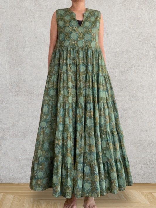 【custom order】Hand Block Print Fabric Sleeveless Layered Dress #rose