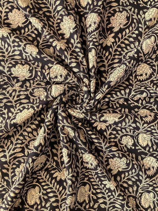 Hand Block Print Bagru Black Floral Cotton Fabric  #249-21