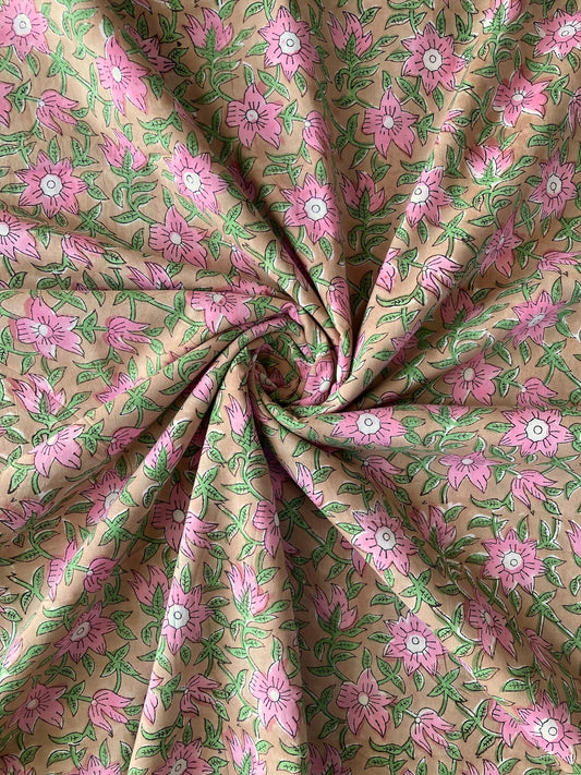 【 pre-cut 60cm】ハンドブロックプリント ピンク ベージュ 花柄 コットンプリント生地  #249-26
