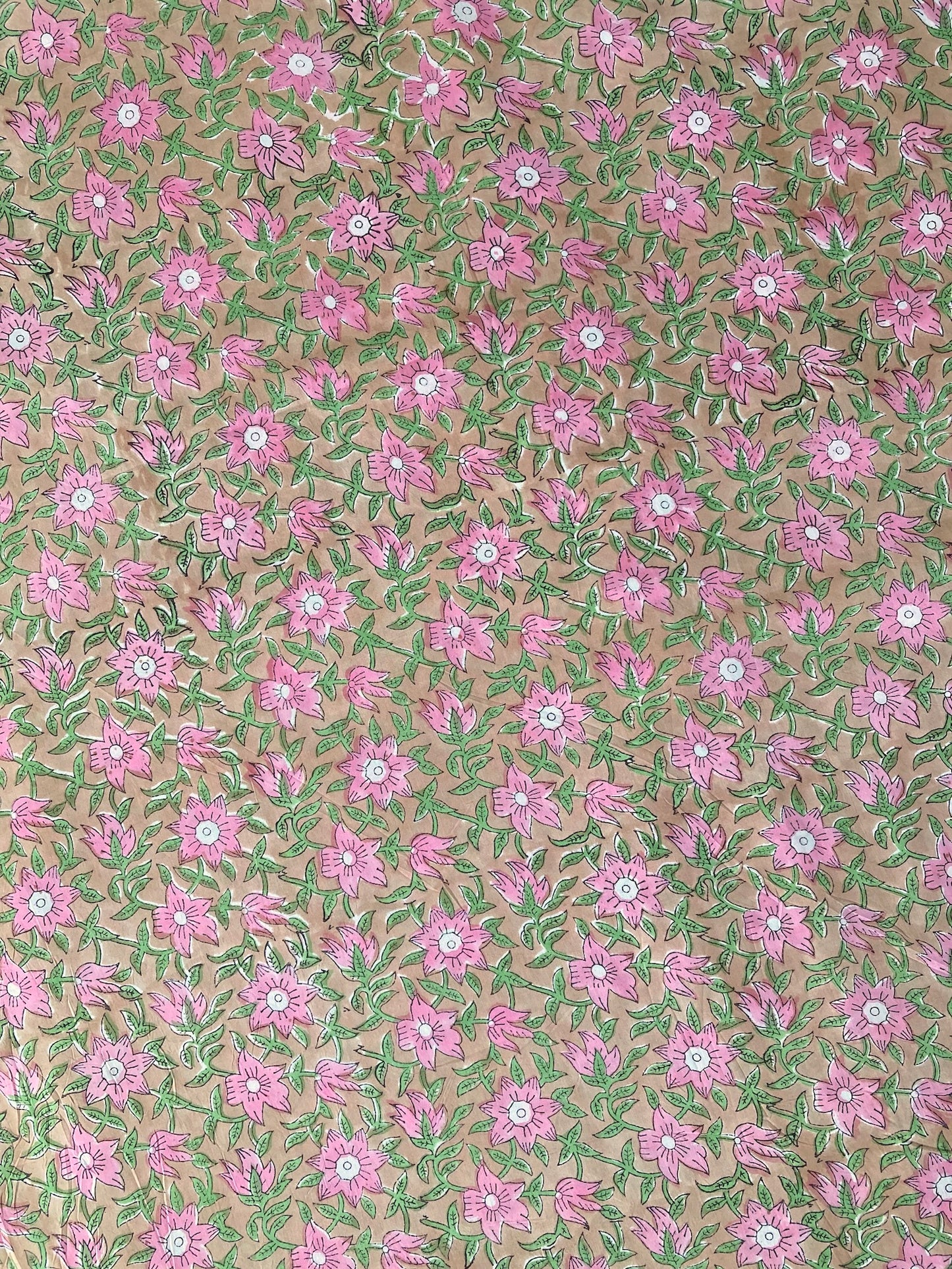 【 pre-cut 60cm】ハンドブロックプリント ピンク ベージュ 花柄 コットンプリント生地 #249-26