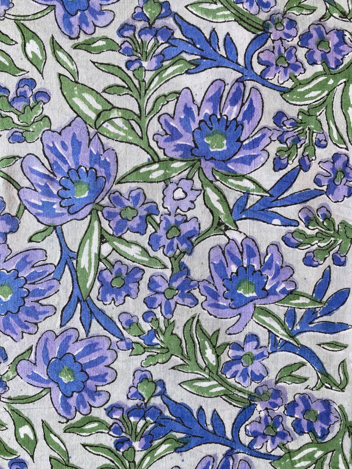 Hand Block Printed Gray Blue Floral Cotton Fabric #257-17