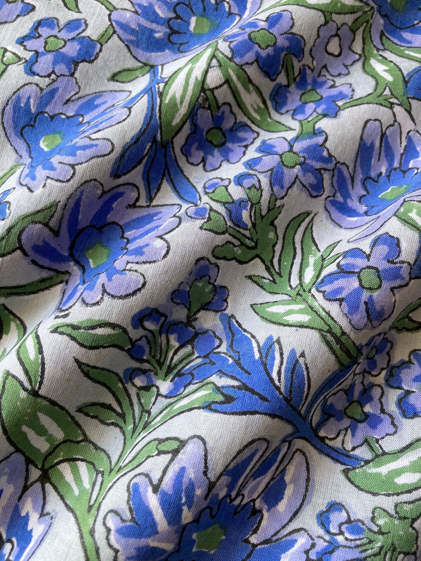 Hand Block Printed Gray Blue Floral Cotton Fabric #257-17