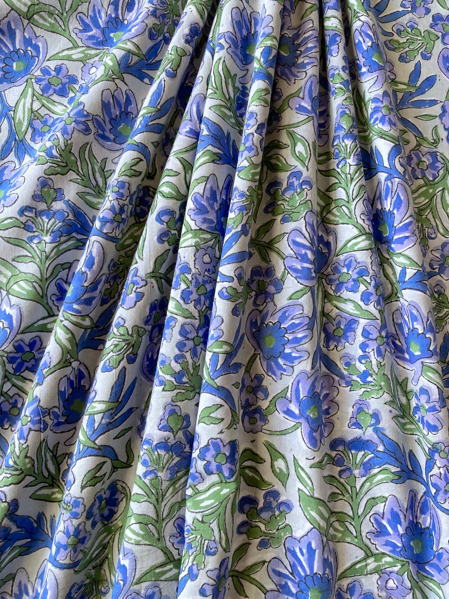 Hand Block Printed Gray Blue Floral Cotton Fabric #257-17