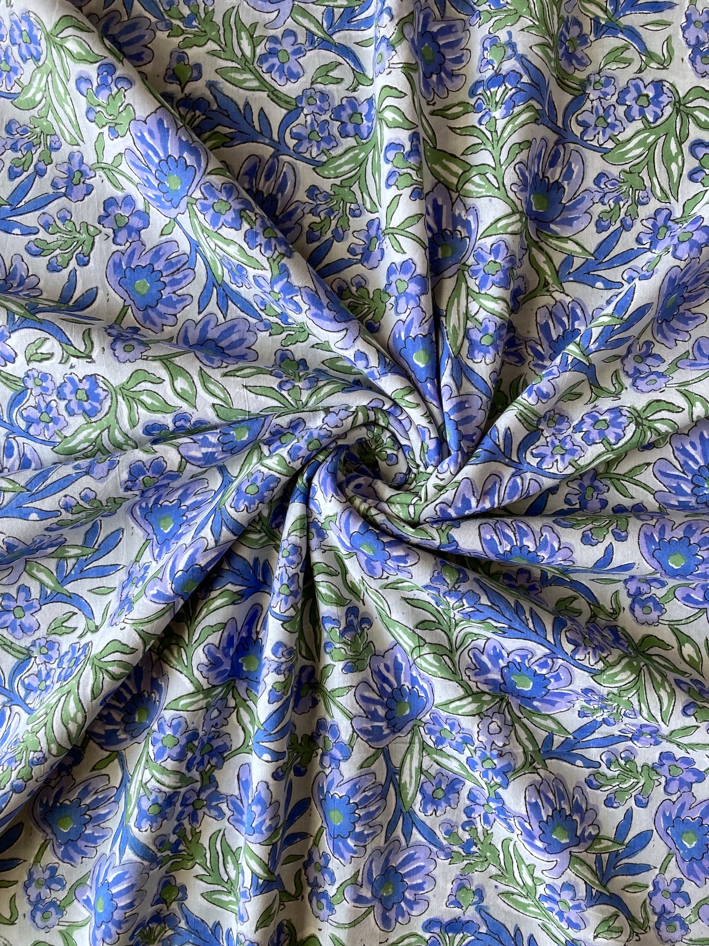 Hand Block Printed Gray Blue Floral Cotton Fabric #257-17
