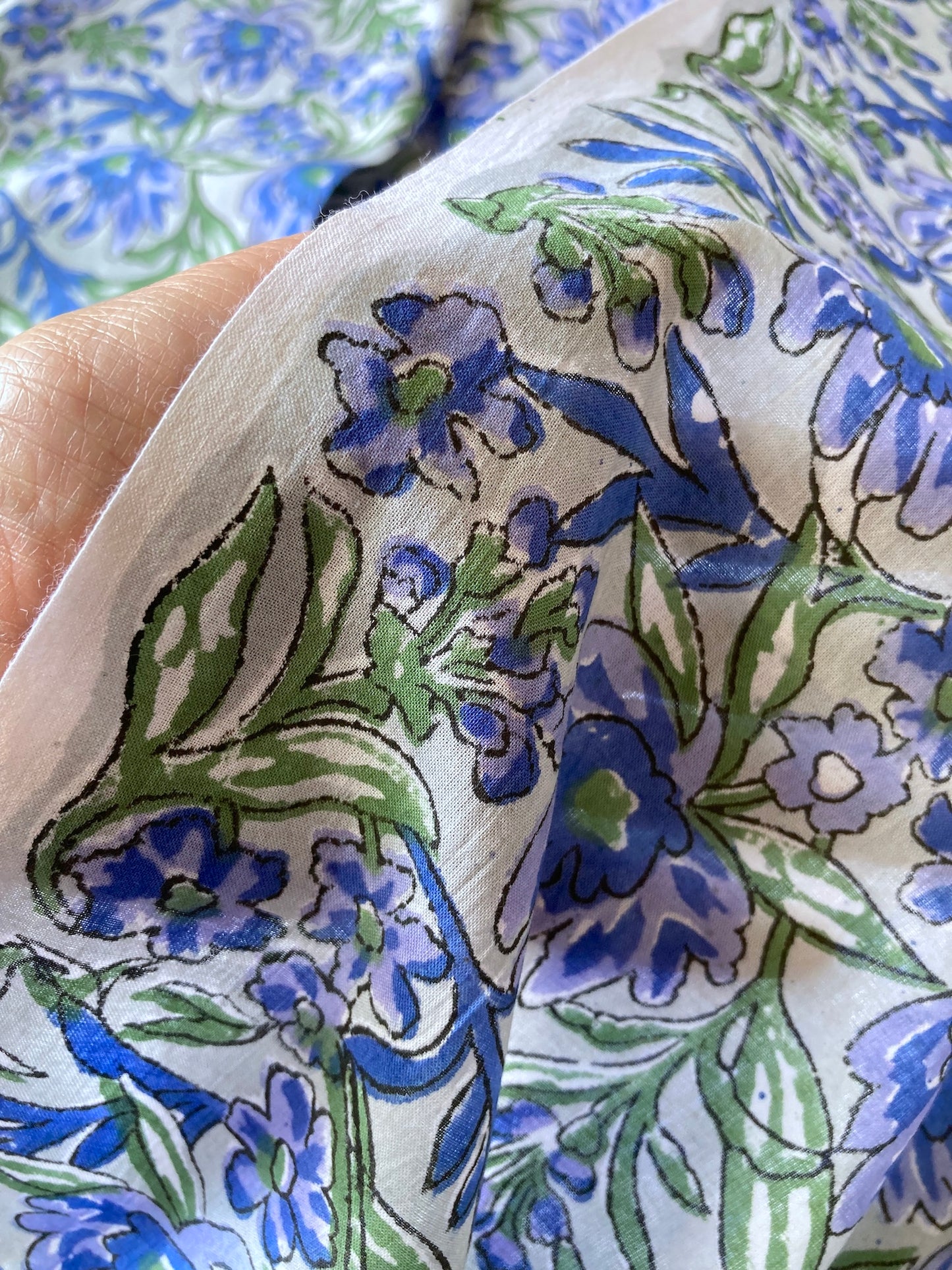 Hand Block Printed Gray Blue Floral Cotton Fabric #257-17
