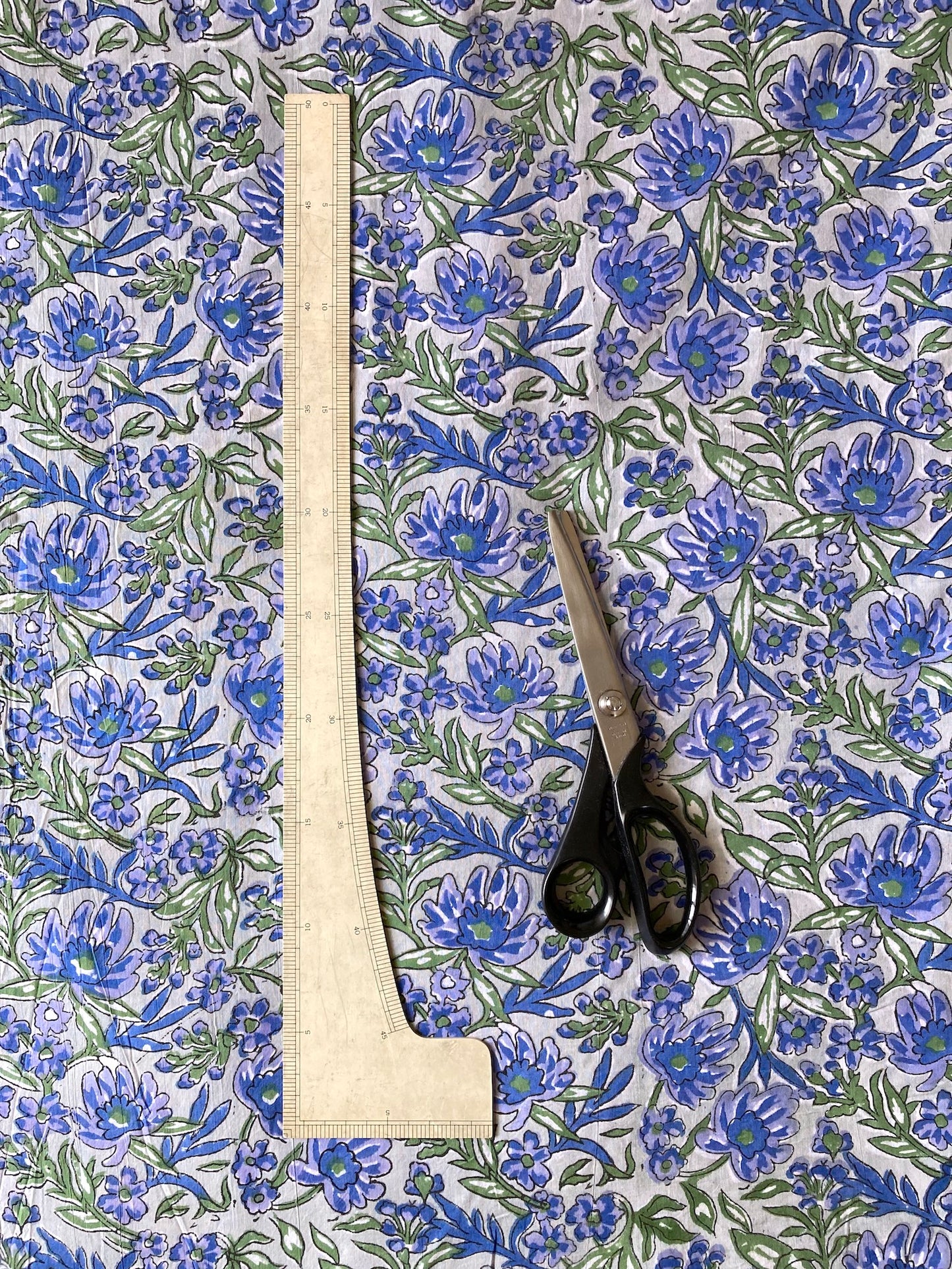 Hand Block Printed Gray Blue Floral Cotton Fabric #257-17
