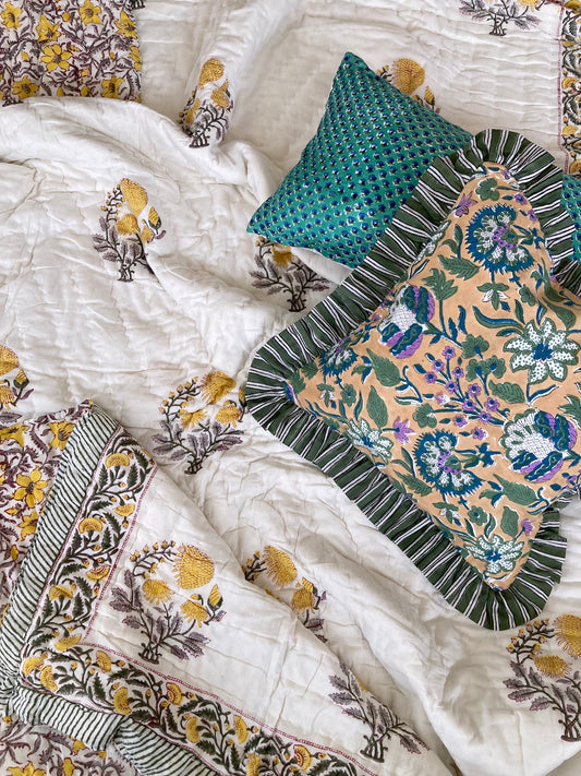 ハンドブロックプリントリバーシブルキルトシングルサイズ Yellow 送料無料