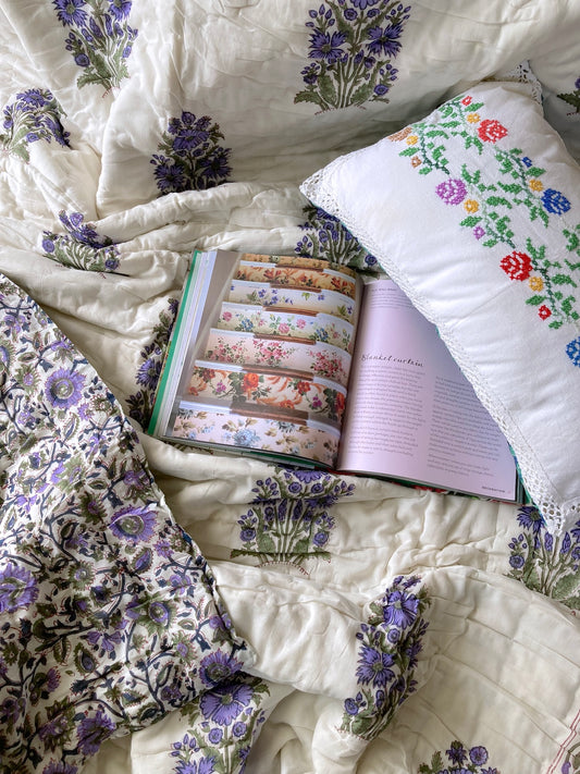 ハンドブロックプリントリバーシブルキルトシングルサイズ Purple  送料無料