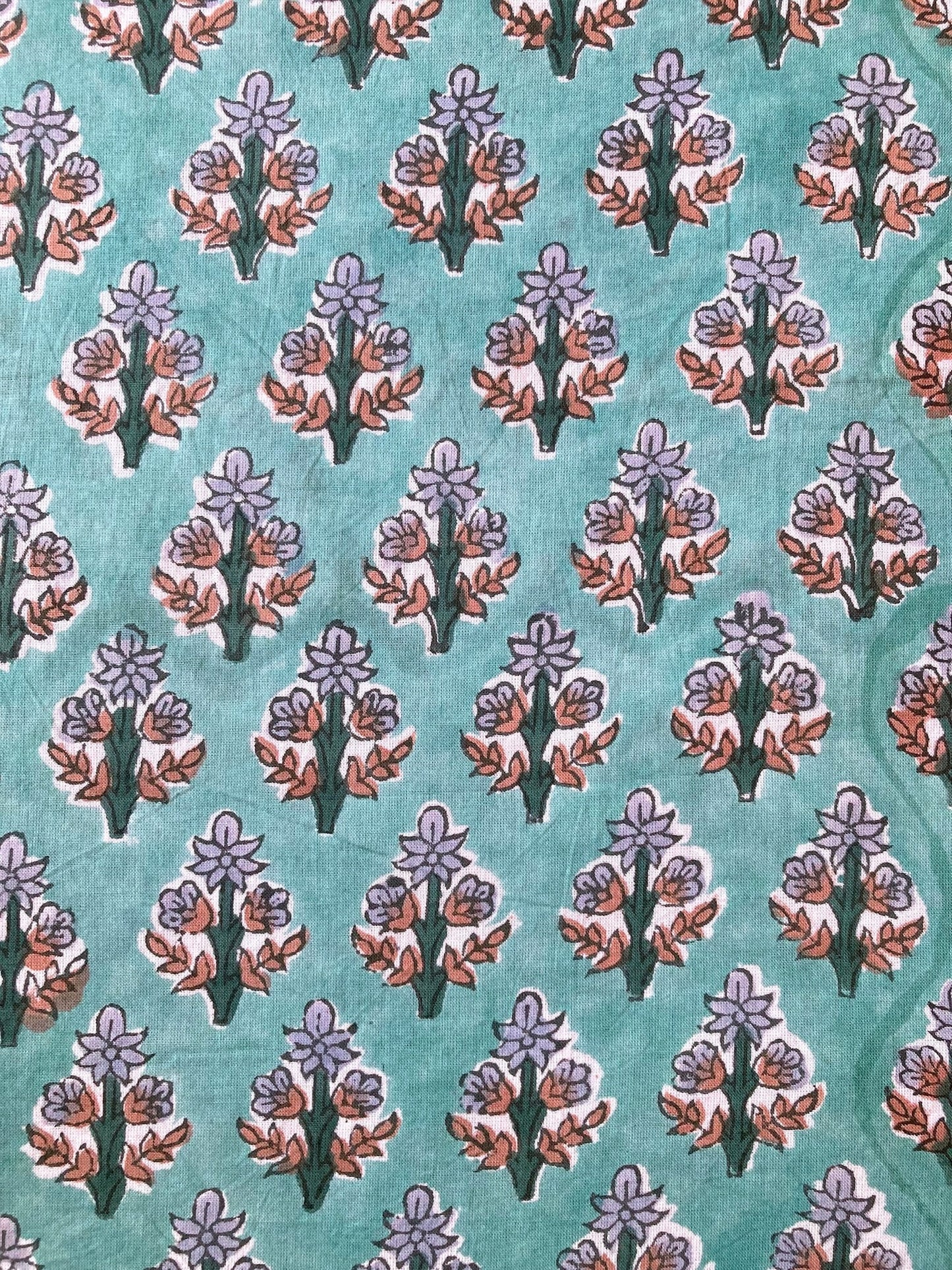 Hand Block Print Turquoise Floral Cotton Fabric #264-11